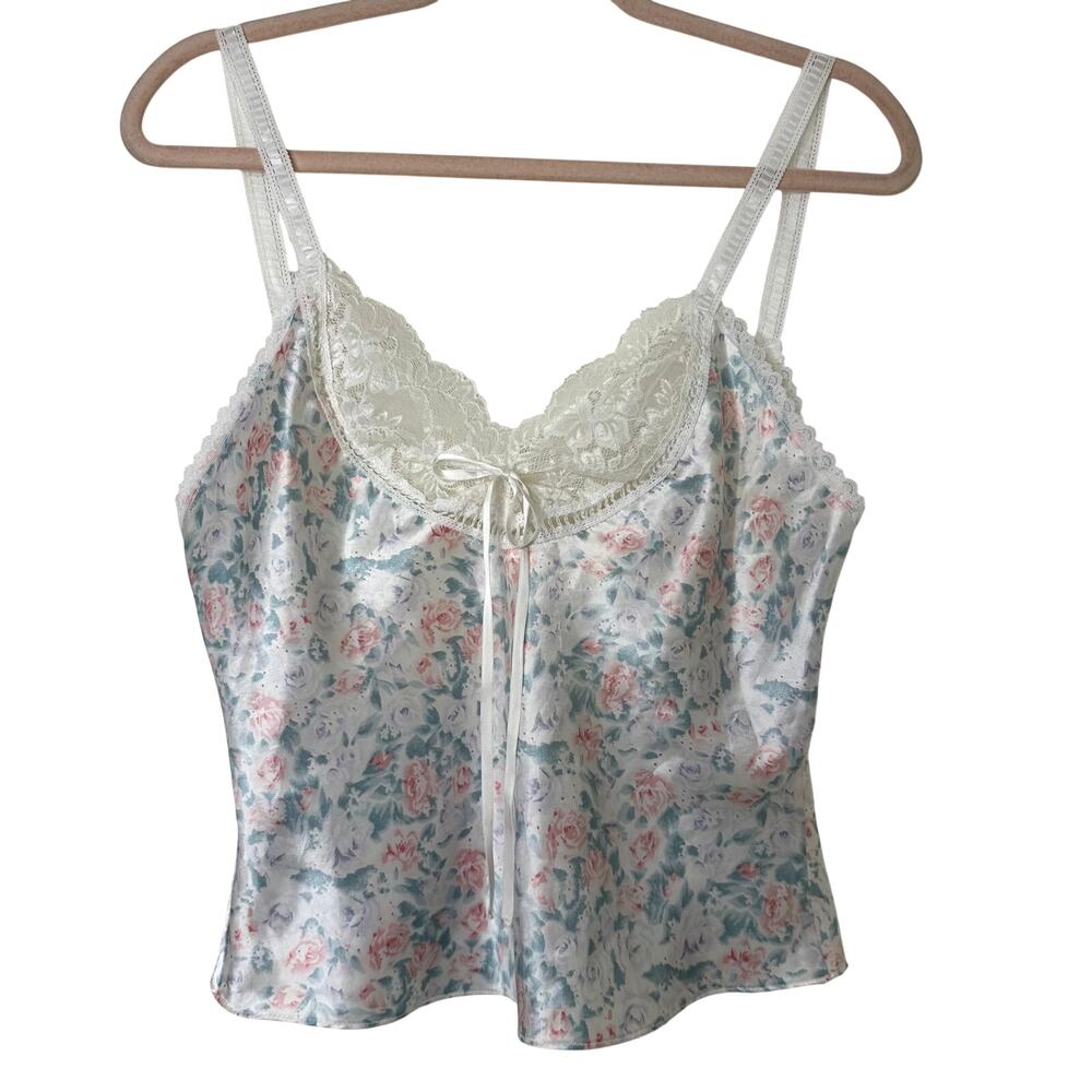Md Y2k Vtg Circa 2000 Floral Cami Satin Lace Tie Pastel Coquette Feminine Kawaii